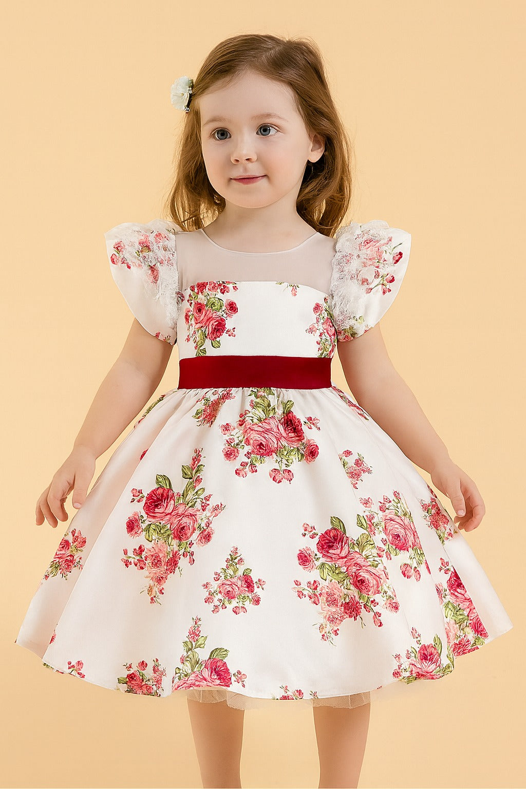 Elegant White Floral Party Frock with Puff Sleeves & Red Waistband