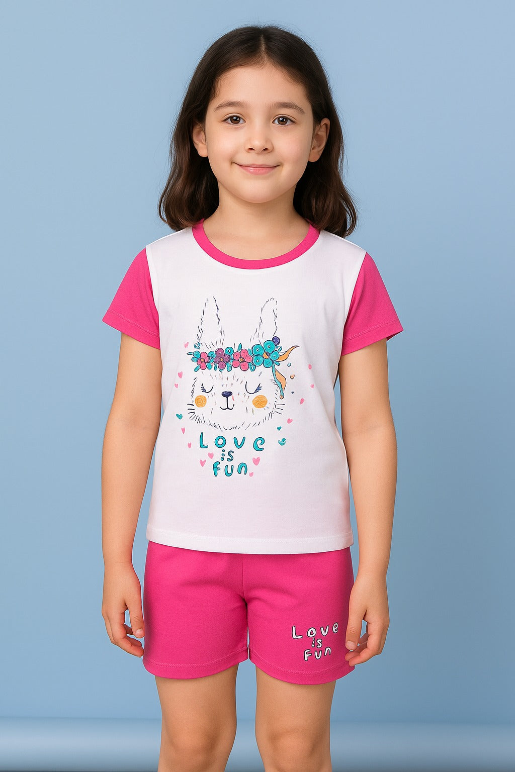 Girls' Pink Bunny Print Cotton Night Suit Set