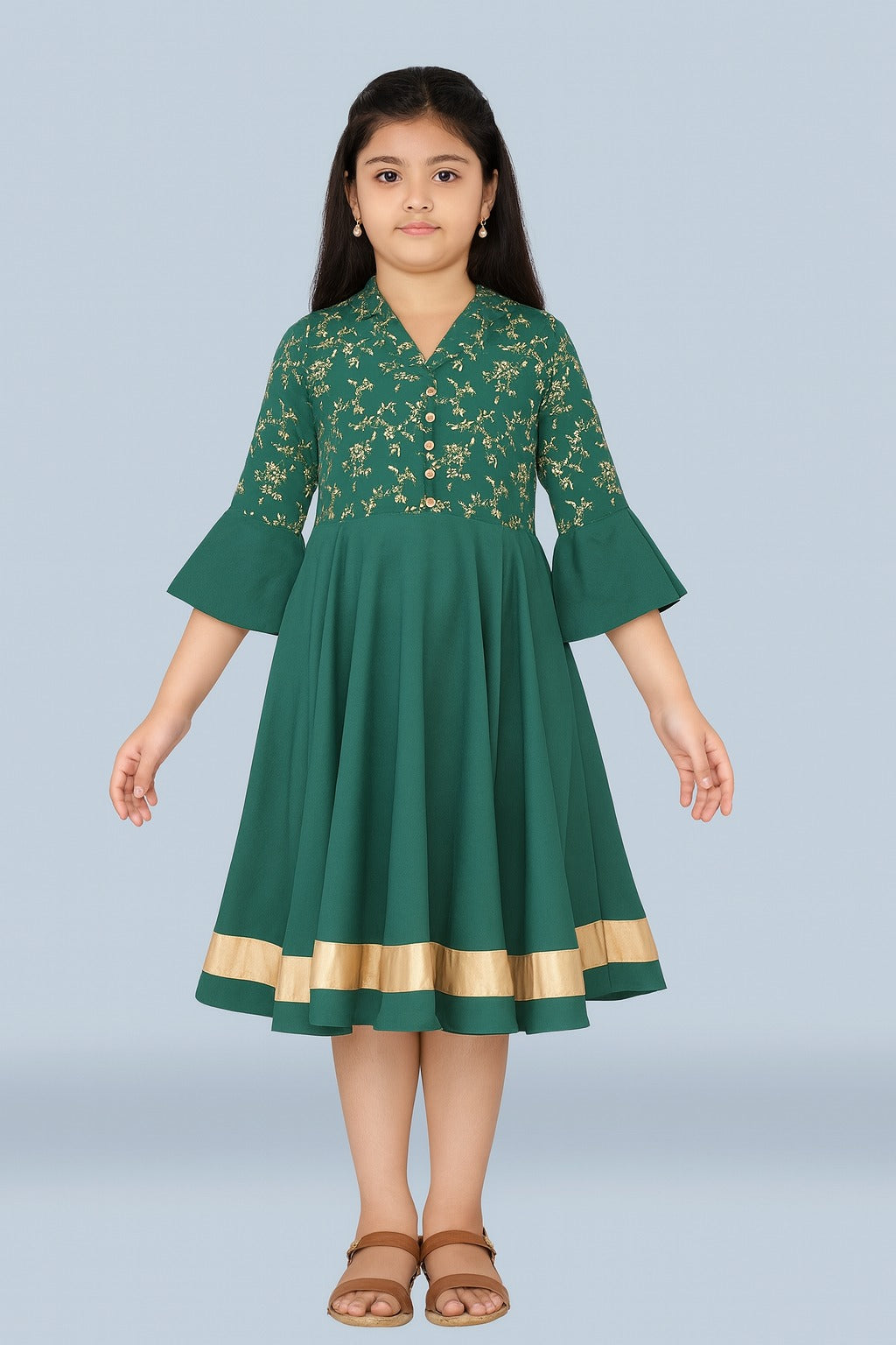 Green Flared Ethnic Dress with Gold Embroidery & Border for Girls