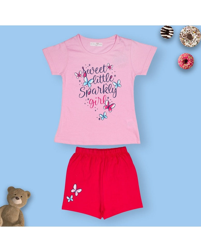 Sweet Little Sparkly Girl Pink Top & Red Shorts Set – Comfortable Summer Outfit for Girls