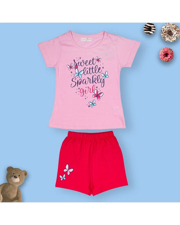 Sweet Little Sparkly Girl Pink Top & Red Shorts Set – Comfortable Summer Outfit for Girls