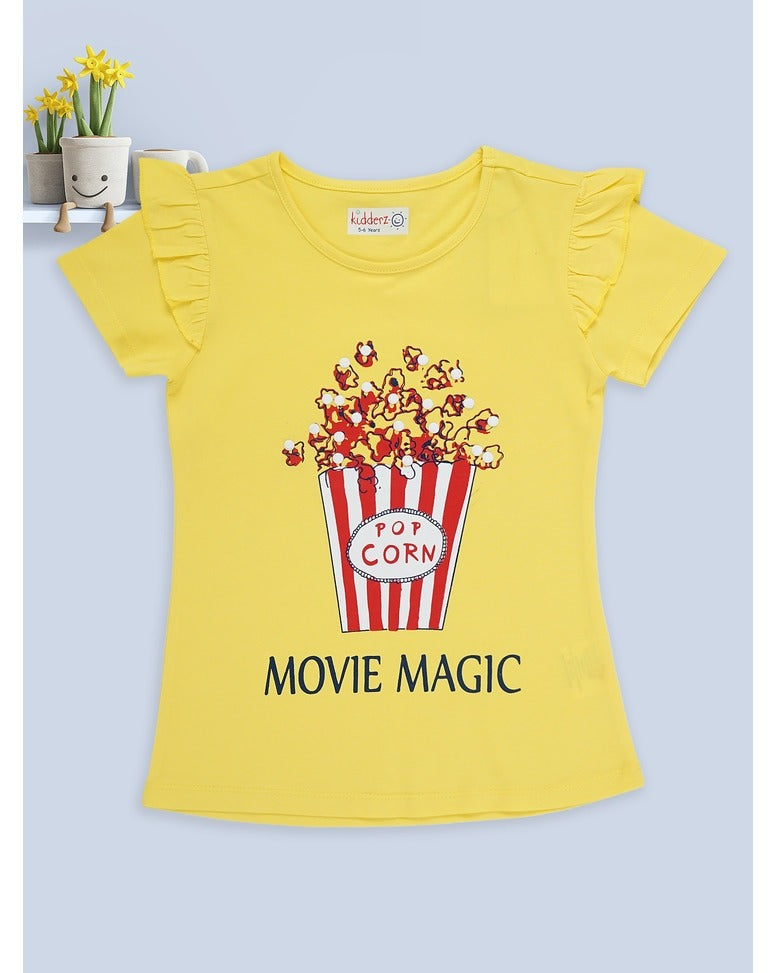Movie Magic Yellow Popcorn Print Ruffle Sleeve T-Shirt – Casual Summer Top for Girls