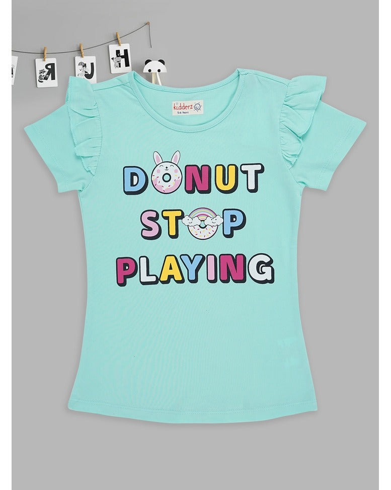 Donut Stop Playing Aqua Blue Ruffle Sleeve T-Shirt – Fun Graphic Tee for Girls