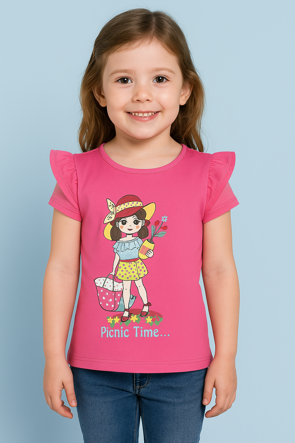 Pink “Picnic Girl” Sleeveless Frill Top for Girls – Cartoon Print Cotton Tee