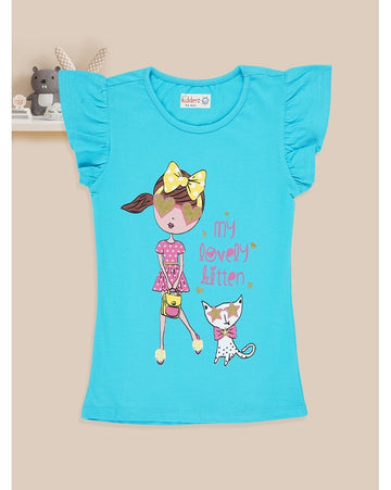 “My Lovely Kitten” Sky Blue Graphic Top – Stylish Casual Cotton Tee for Girls
