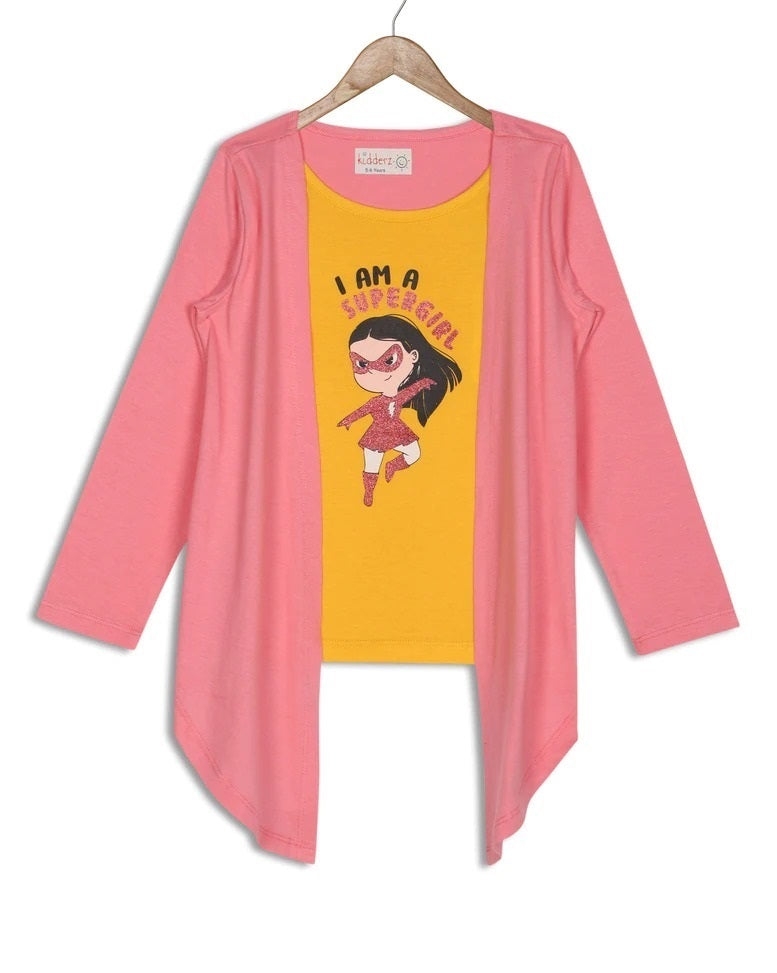 Supergirl Cartoon Print Yellow Top with Stylish Pink Shrug Girls' Outfit