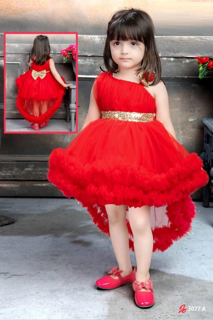 Red Ruffle Princess High-Low Gown – Golden Bow Party Dress