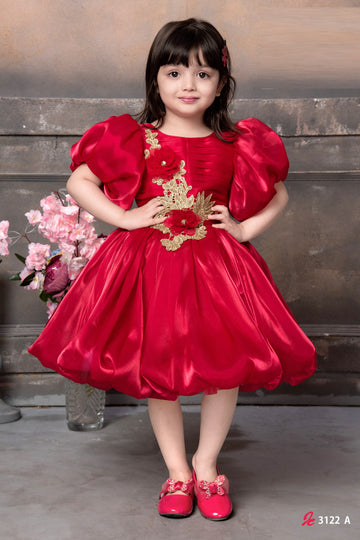Luxury Red Satin Party Wear Dress for Girls with Golden Floral Embroidery