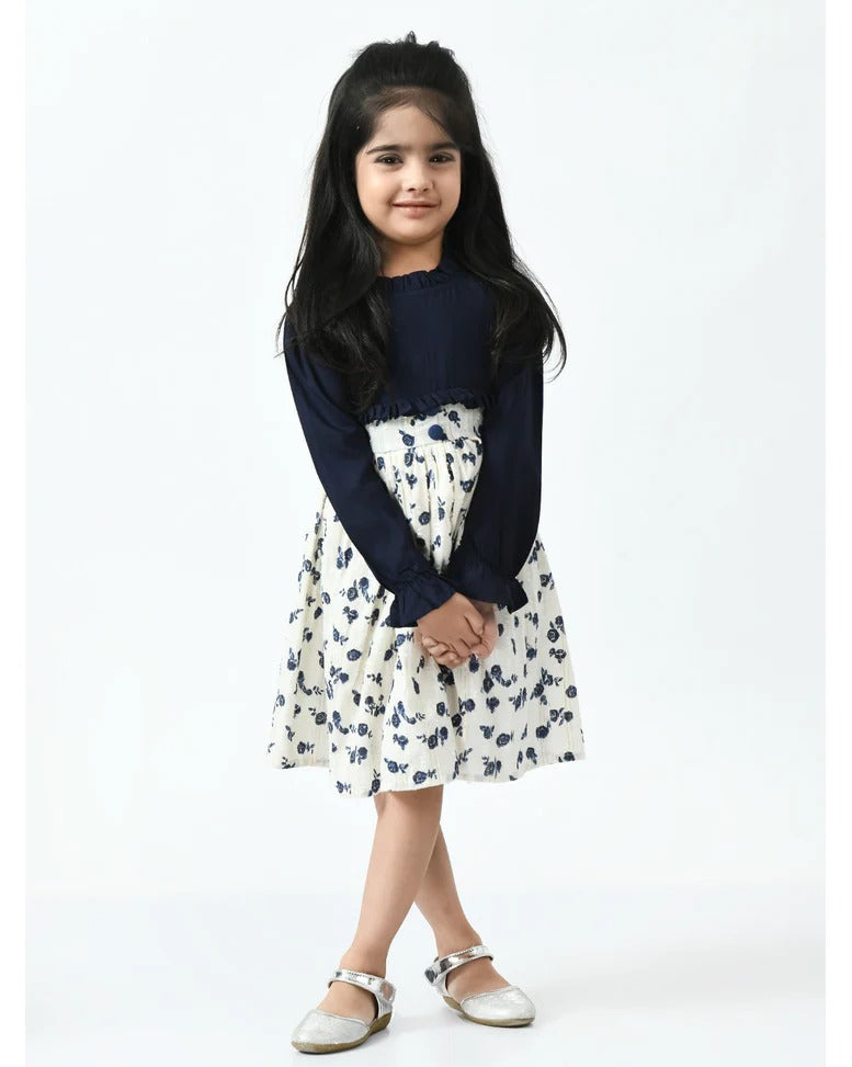 Girls Navy Blue & White Floral Fit and Flare Dress – Full Sleeves