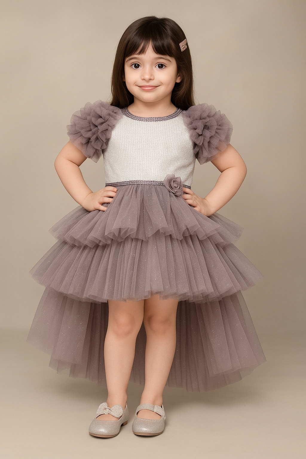 Stylish High-Low Ruffle Dress in Smokey Lavender for Girls