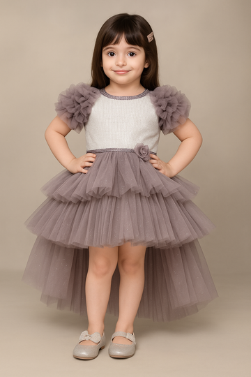Stylish High-Low Ruffle Dress in Smokey Lavender for Girls