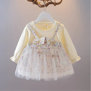 Cream Floral Tulle Layered Dress with Bow Detailing