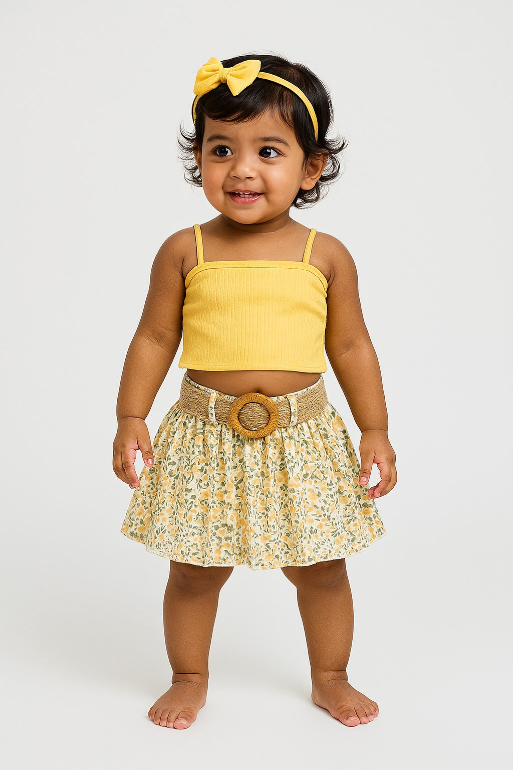 Yellow Spaghetti Strap Crop Top with Floral Pleated Skirt Set for Girls – Summer Casual Outfit with Belt - Inayah Fashion