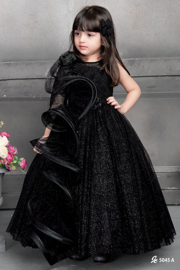 Luxury Black Glitter Gown for Girls – One-Shoulder Tulle Ruffle Detail