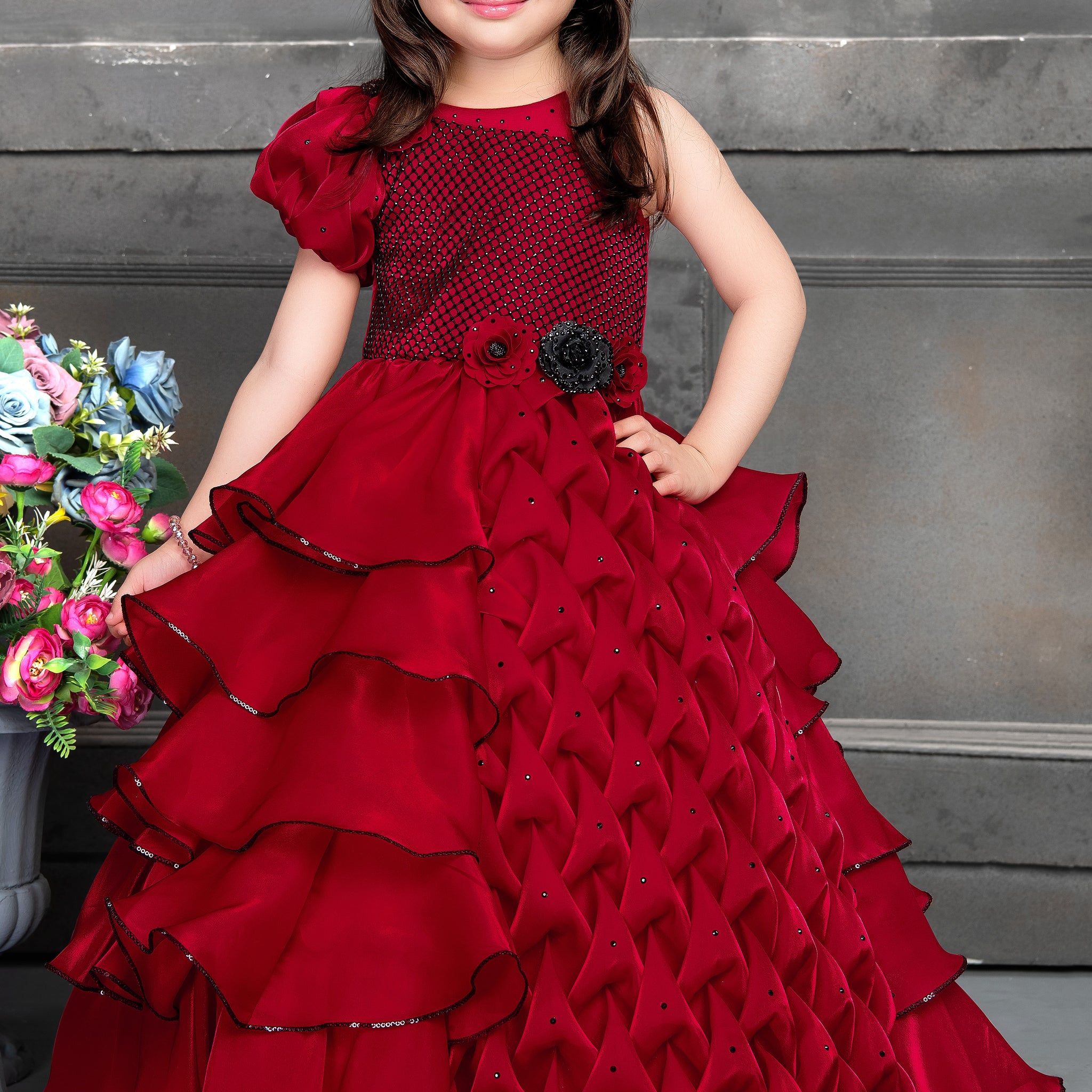 Girls Maroon Layered Ruffle Party Gown with Floral Waist