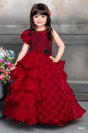 Girls Maroon Layered Ruffle Party Gown with Floral Waist