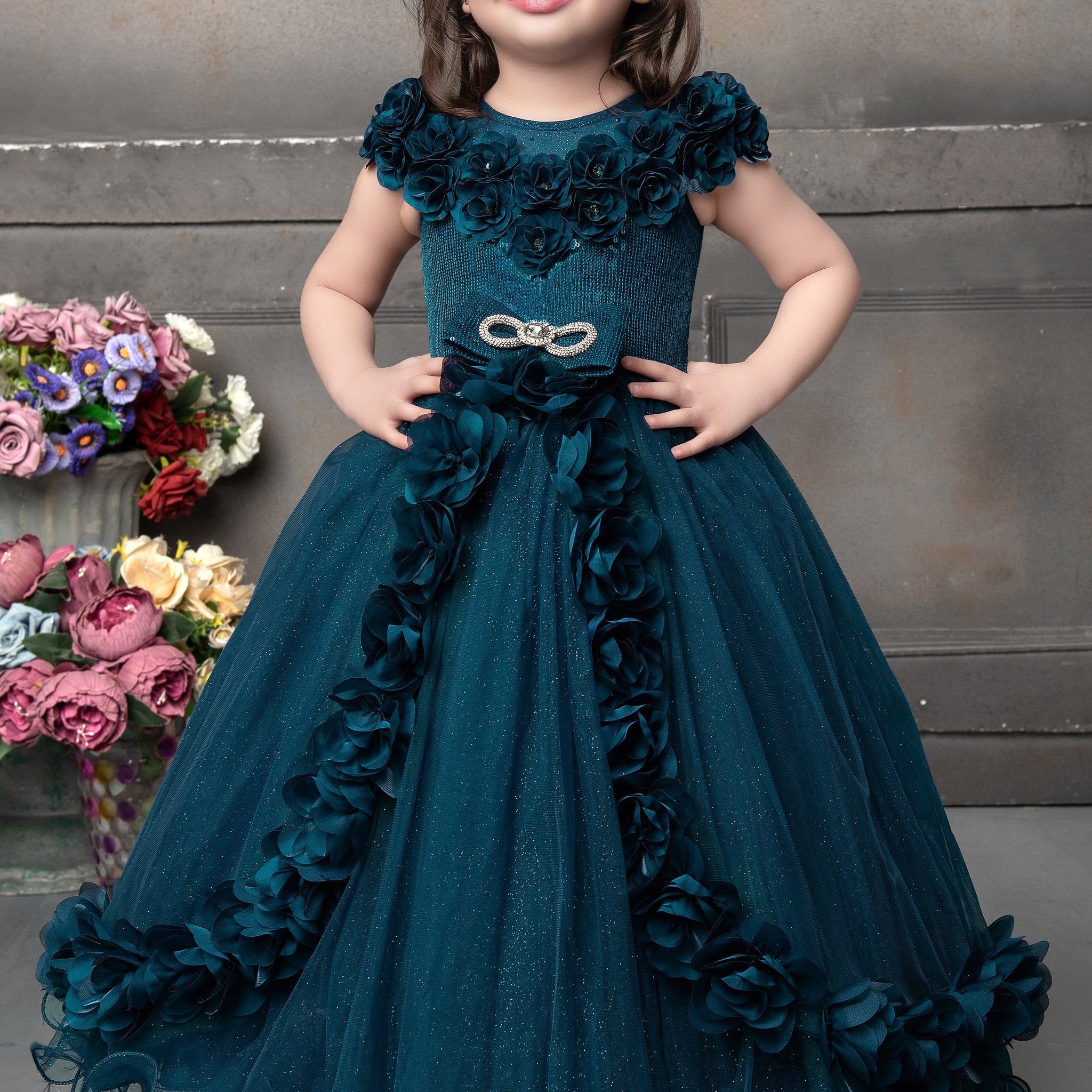 Royal Teal Floral Ball Gown for Girls – 3D Flower Embellished Bodice with Glitter Tulle Skirt & Waist Brooch