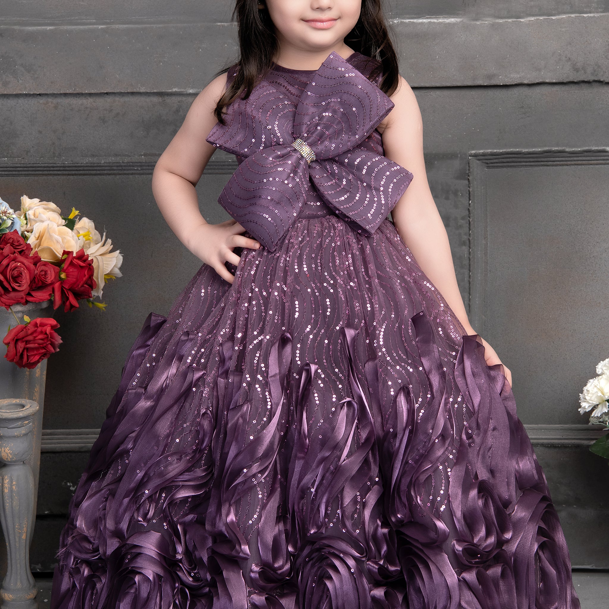 Royal Plum Designer Party Gown with Oversized Bow – Girls Collection