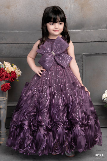 Royal Plum Designer Party Gown with Oversized Bow – Girls Collection