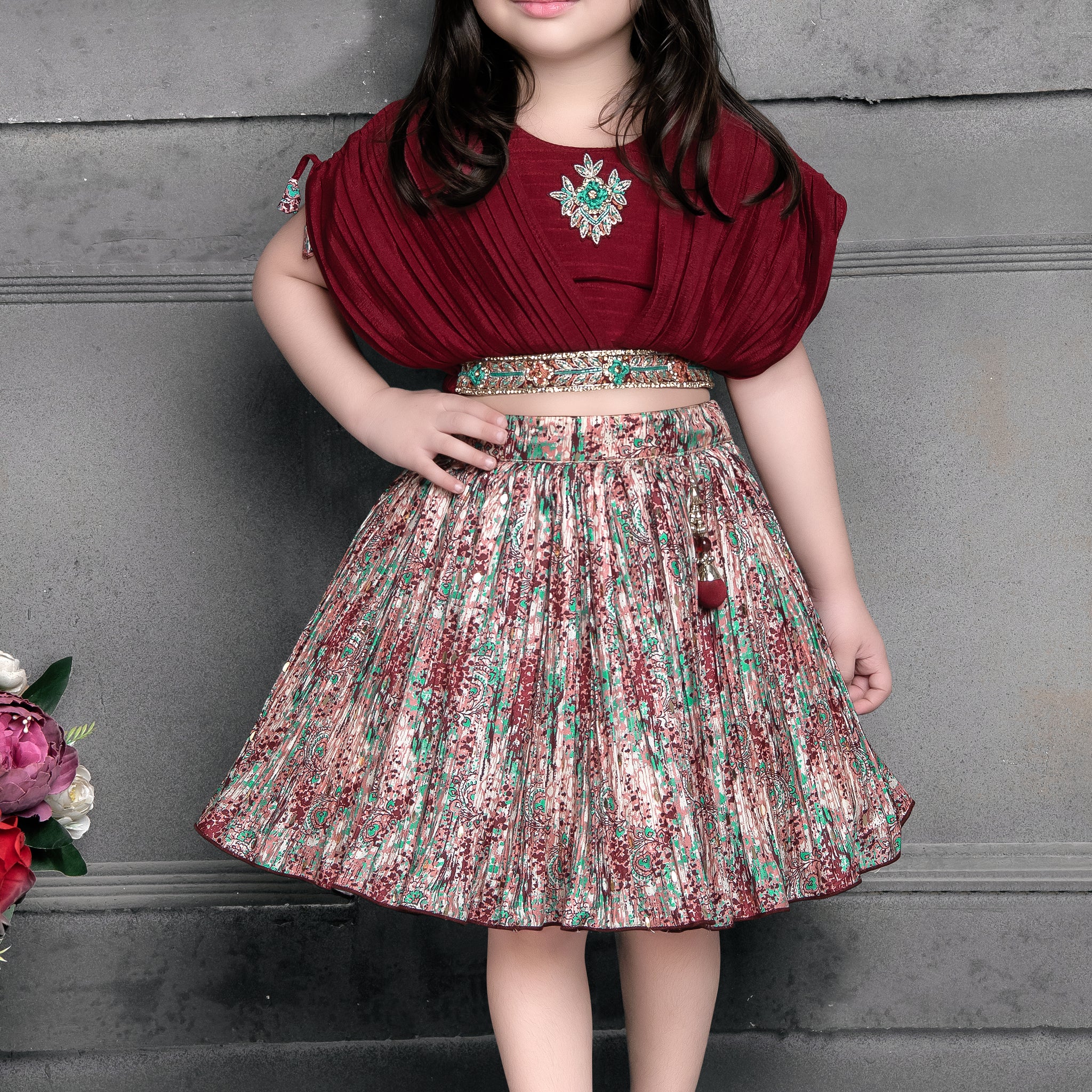 Maroon Designer Crop Top and Skirt Set for Girls – Festive Partywear with Embellished Belt