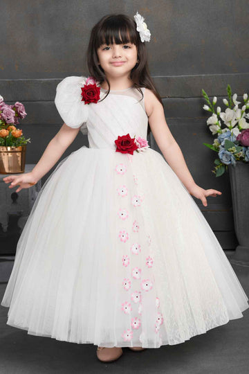 Girls White Floral Party Gown with Red Roses and Puffy Shoulder
