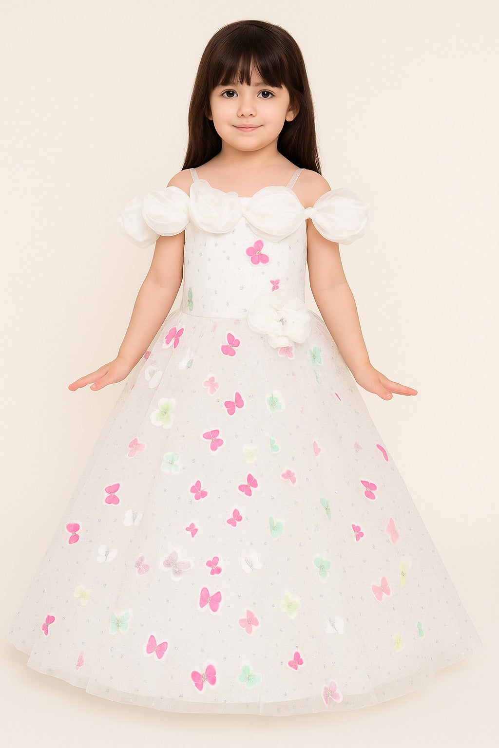 White Butterfly Gown for Girls – Off-Shoulder Sparkle Party Dress with 3D Floral Detail
