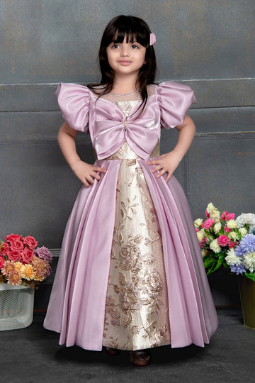Regal Pink & Gold Long Gown for Girls with Puffy Sleeves and Satin Bow – Premium Floor-Length Dress