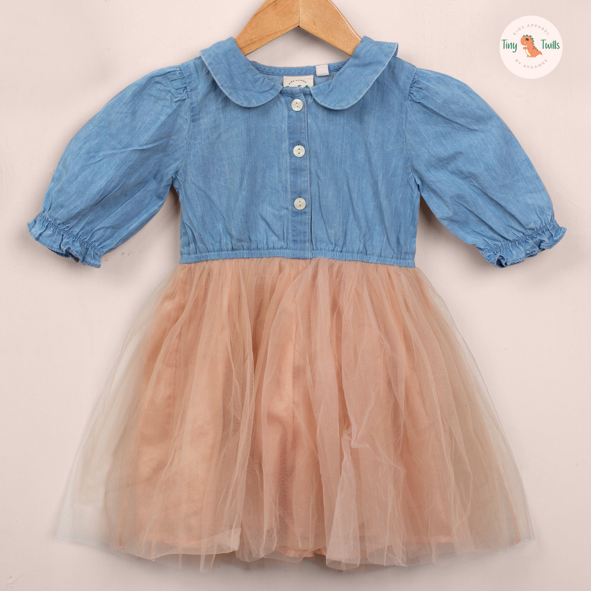 Girls Denim Top with Peach Tulle Skirt Dress – Button-Down Party & Casual Wear Outfit with Puff Sleeves and Peter Pan Collar