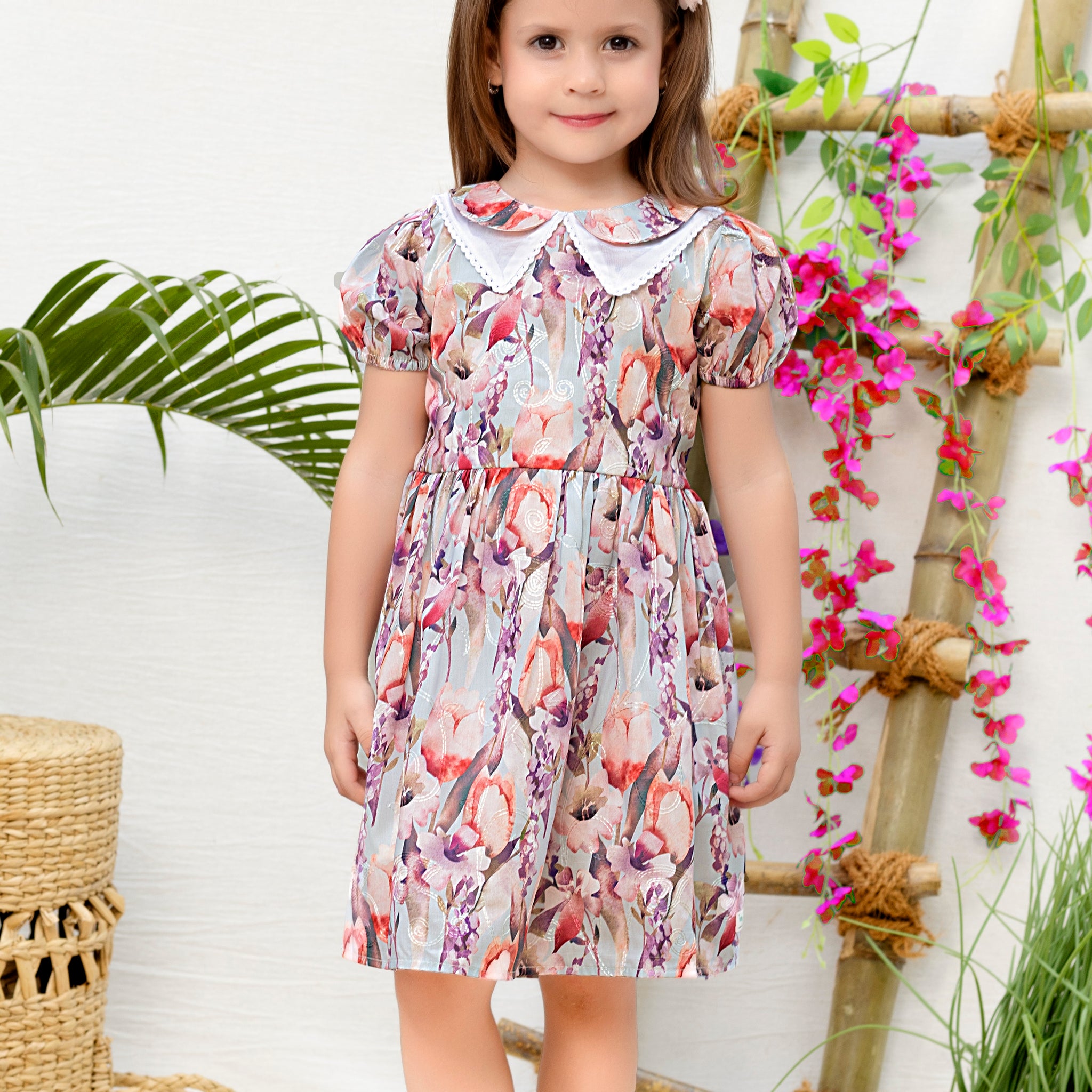 Girls Floral Printed Cotton Dress with White Peter Pan Collar – Puff Sleeve Casual & Party Outfit – Elegant Summer Wear