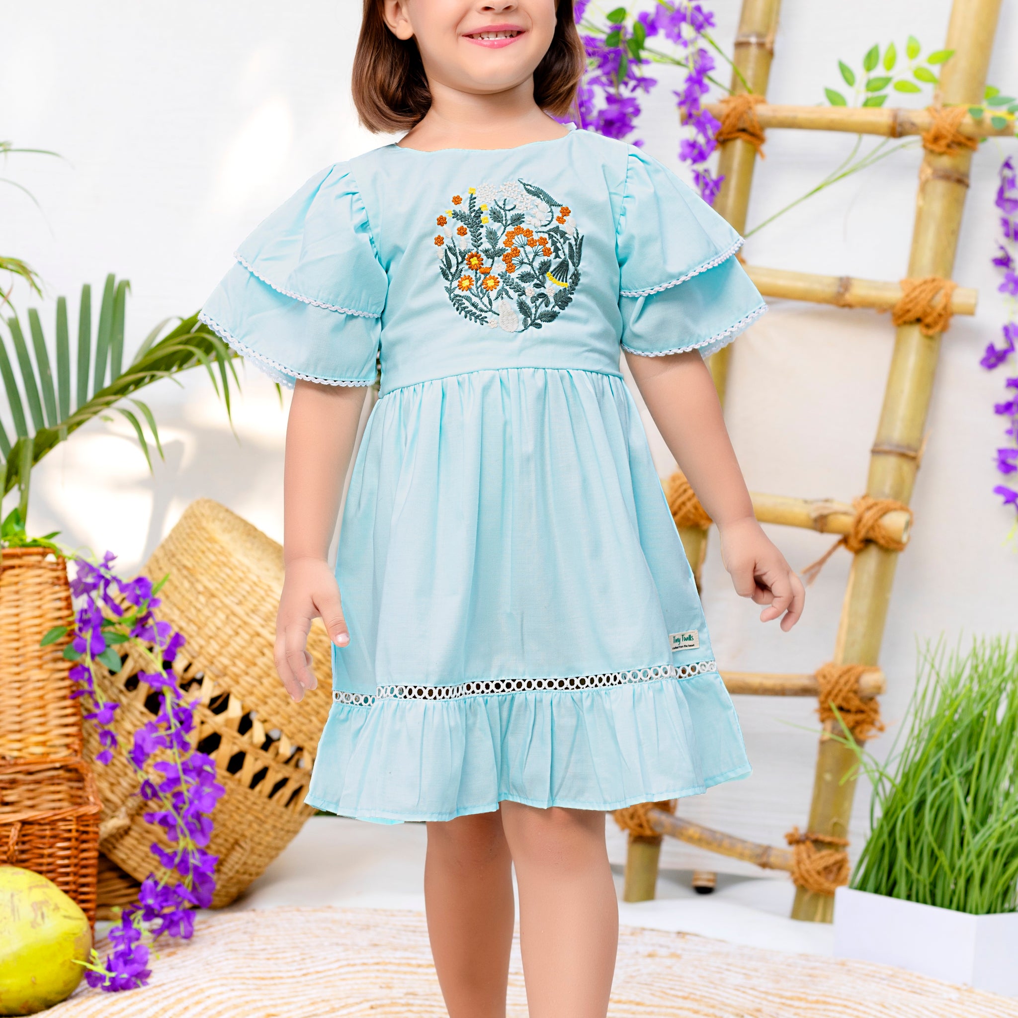 Girls Light Blue Cotton Embroidered Party Dress with Floral Design – Layered Bell Sleeves & Ruffled Hem – Elegant Summer & Birthday Outfit