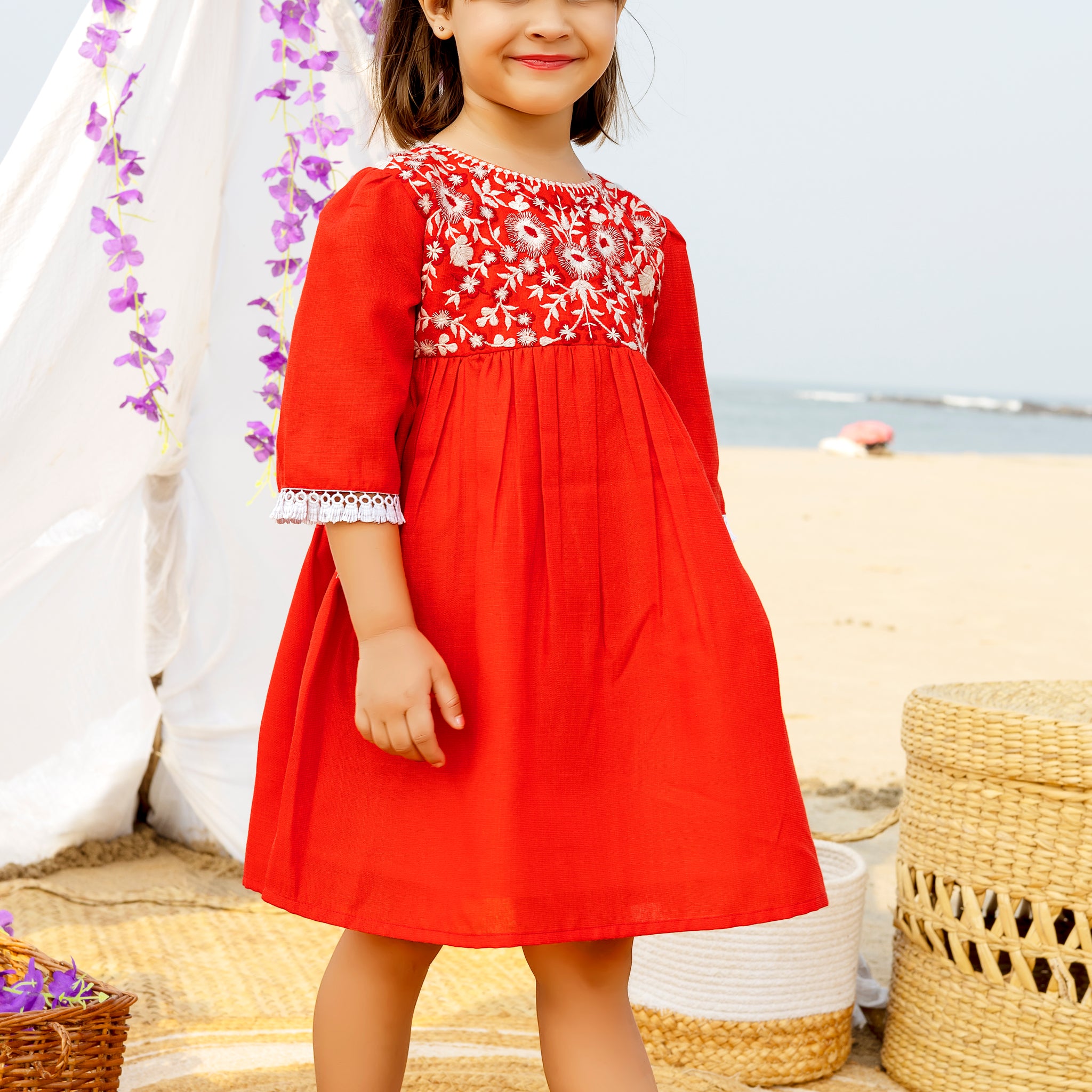 Girls Red Cotton Embroidered Party Dress with Floral White Thread Work – 3/4th Sleeve Knee-Length Festive Outfit with Lace Detailing