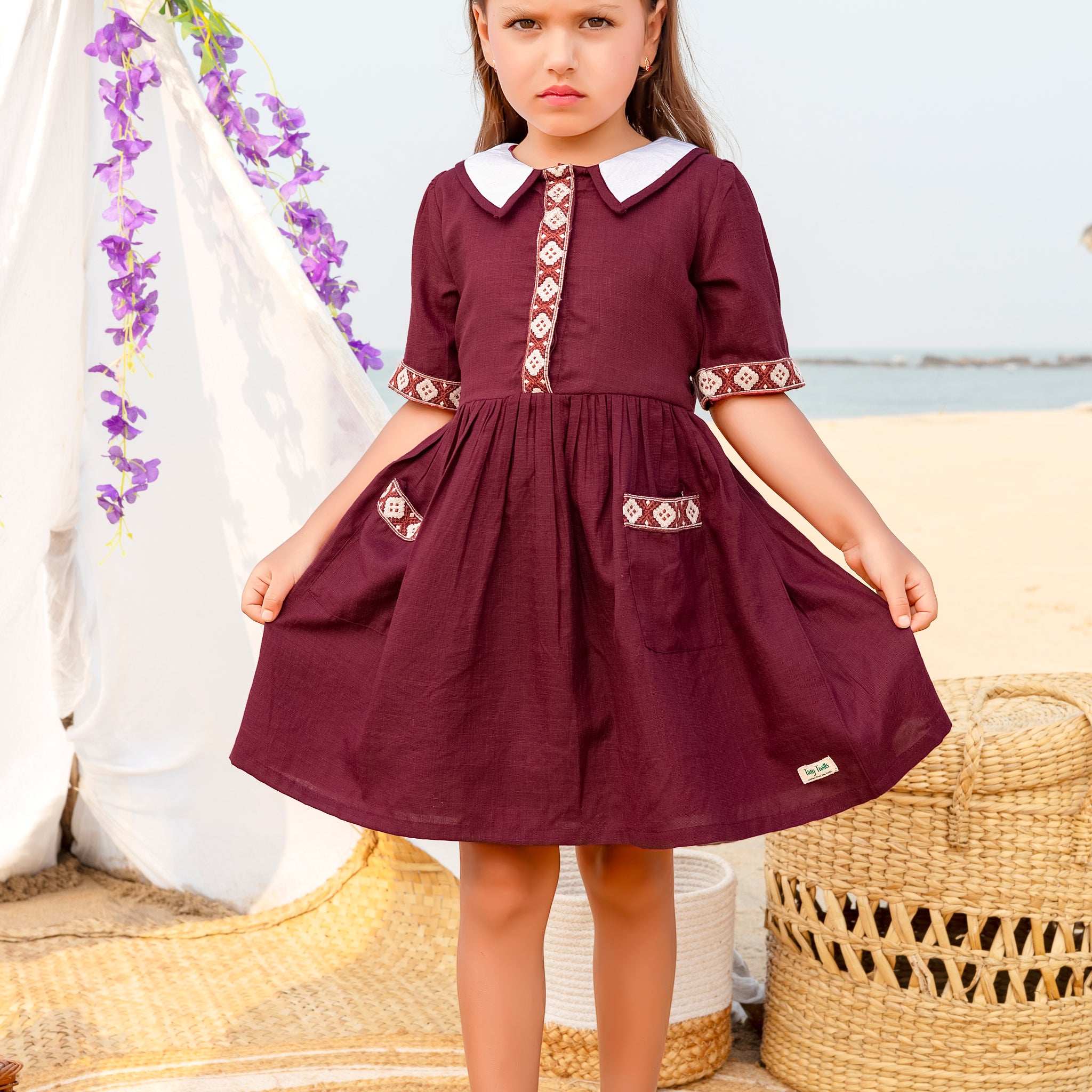 Premium Maroon Cotton Casual Dress for Girls with White Peter Pan Collar & Ethnic Embroidered Accents – Everyday Comfort Frock with Pockets