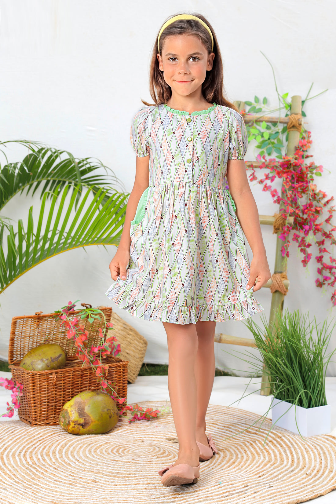 Colorful Geometric Print Puff Sleeve Summer Dress for Girls
