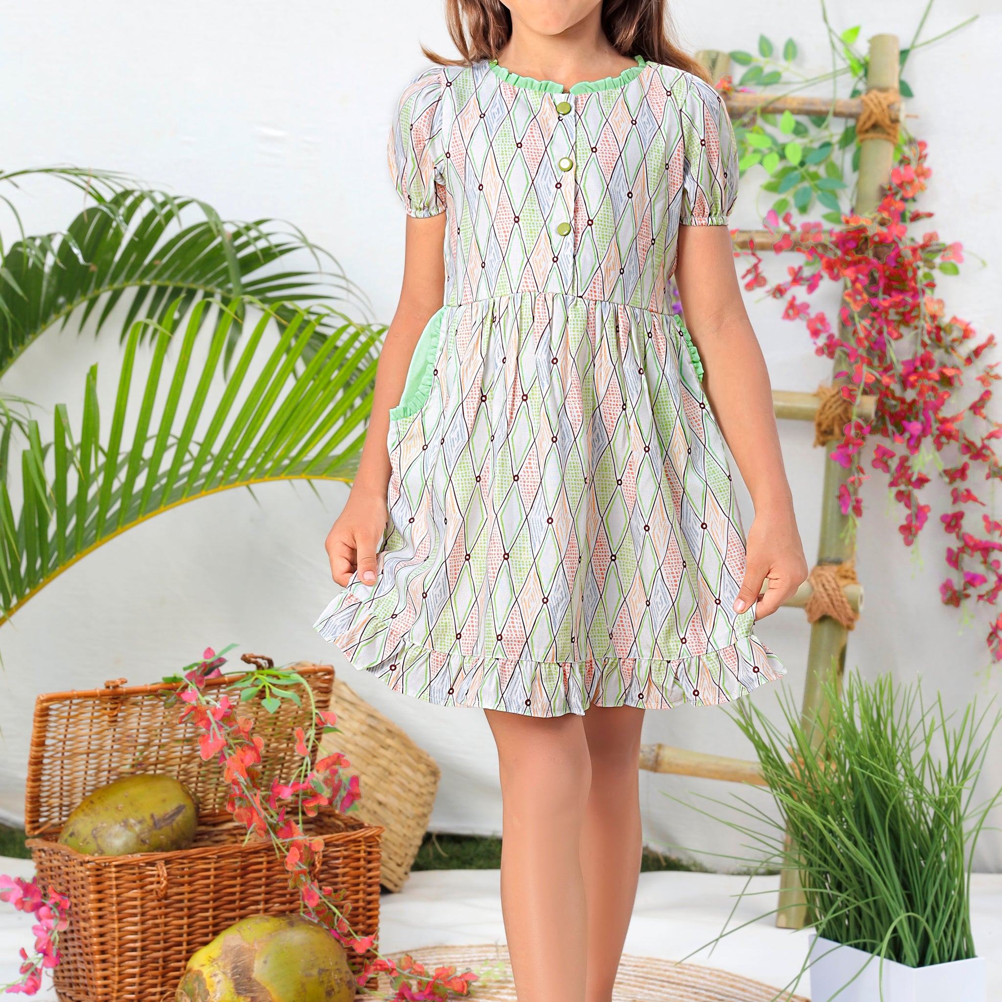 Colorful Geometric Print Puff Sleeve Summer Dress for Girls - Inayah Fashion