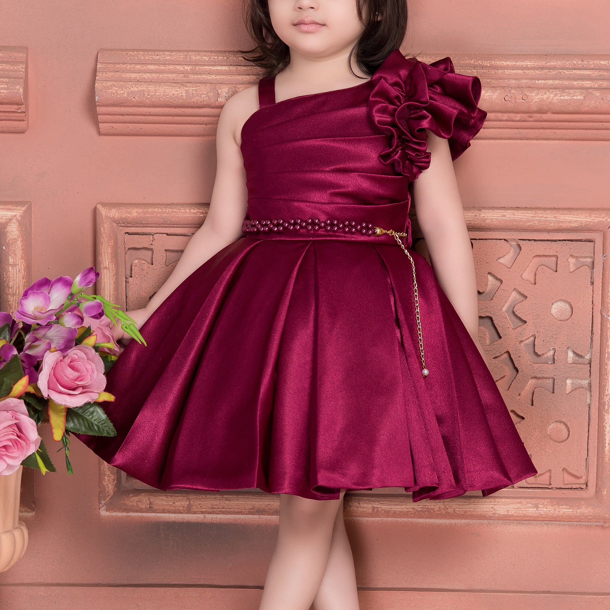 Girls Wine Burgundy One-Shoulder Party Dress with Flower Detail