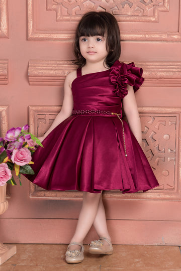 Girls Wine Burgundy One-Shoulder Party Dress with Flower Detail