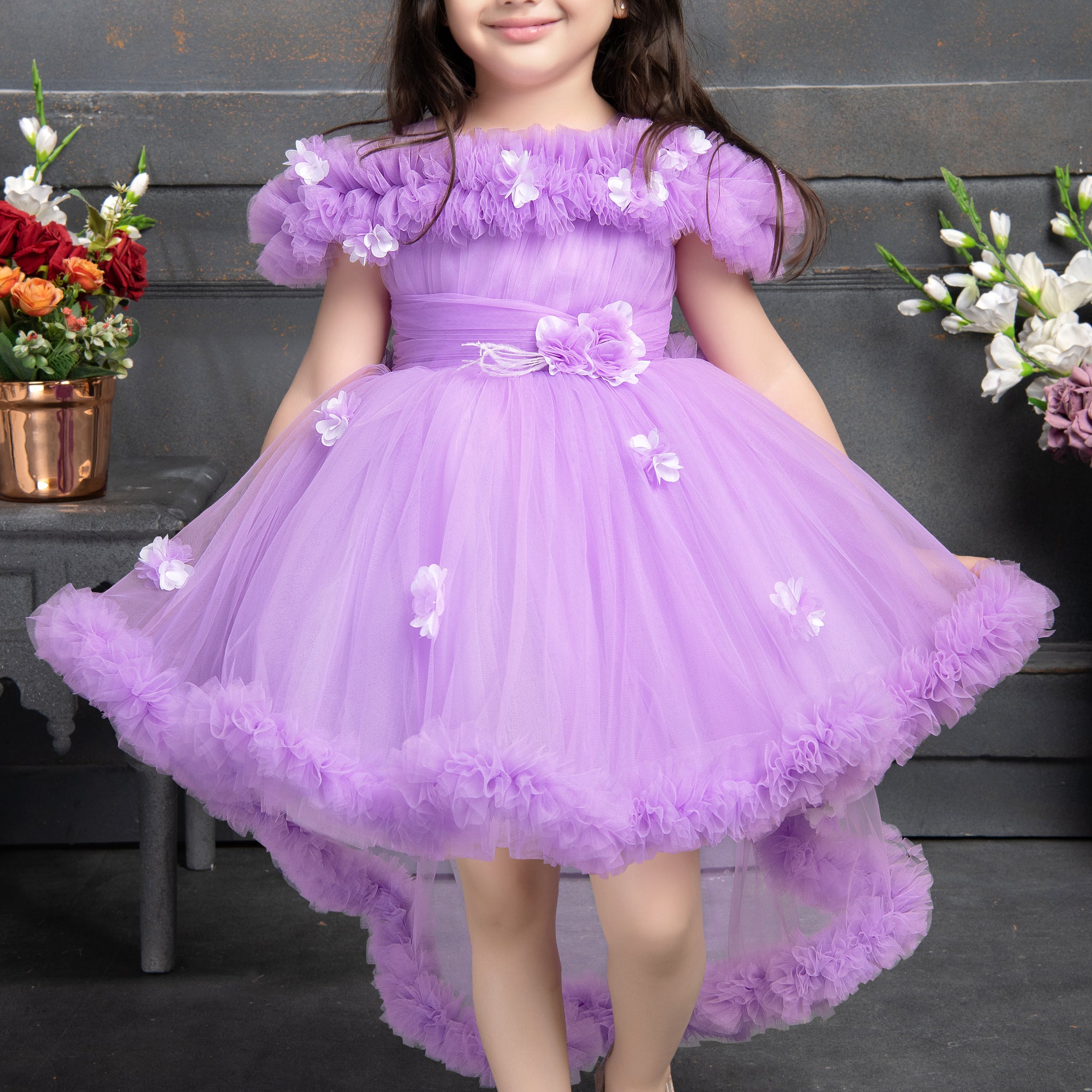Lilac Flower Fantasy Gown – Premium Net Partywear Dress for Girls