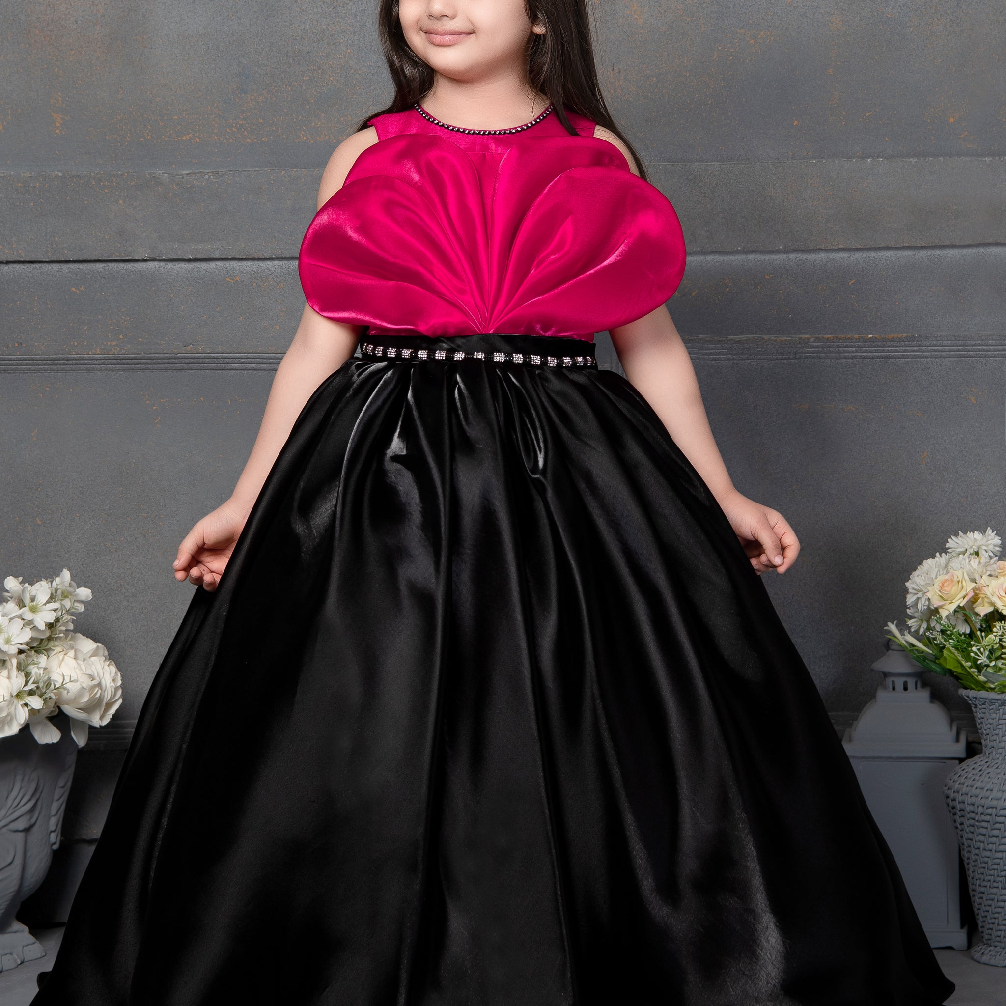 Designer Luxury Ball Gown for Girls – Hot Pink Petal Bodice with Black Satin Flare & Rhinestone Waistband