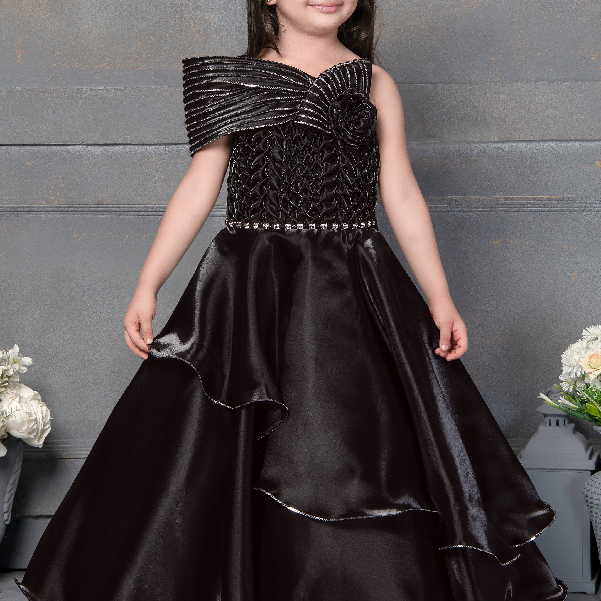 Black Galaxy One-Shoulder Premium Party Gown