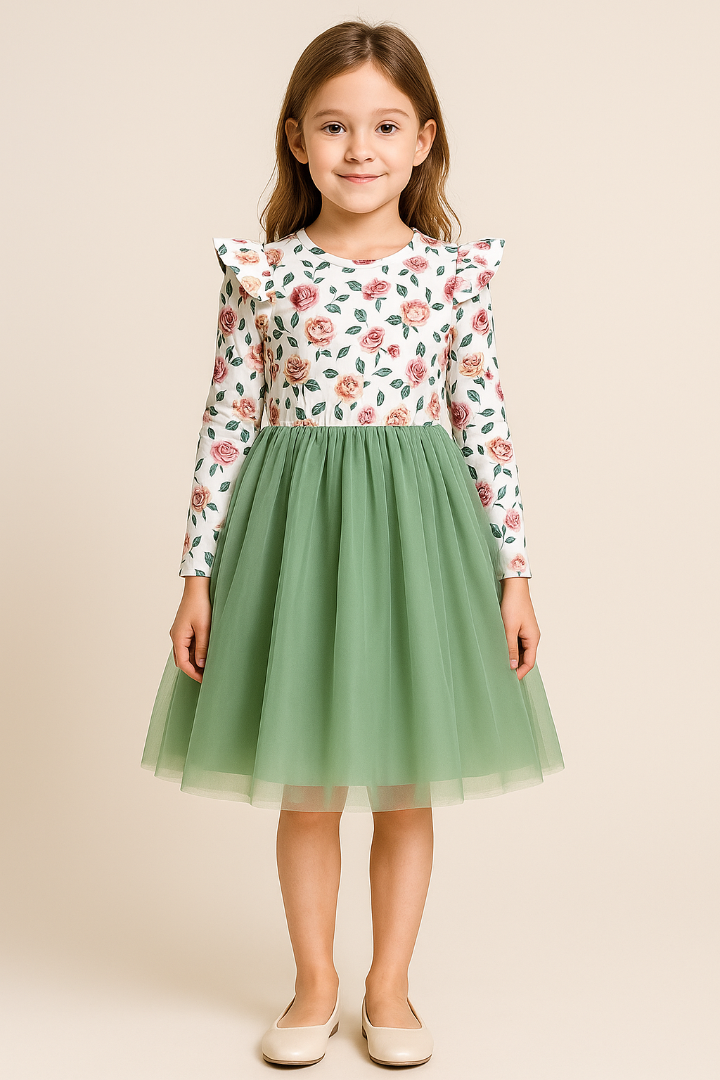 Girls Floral Print Green Tulle Dress – Long Sleeve Casual Party Dress with Puff Shoulders