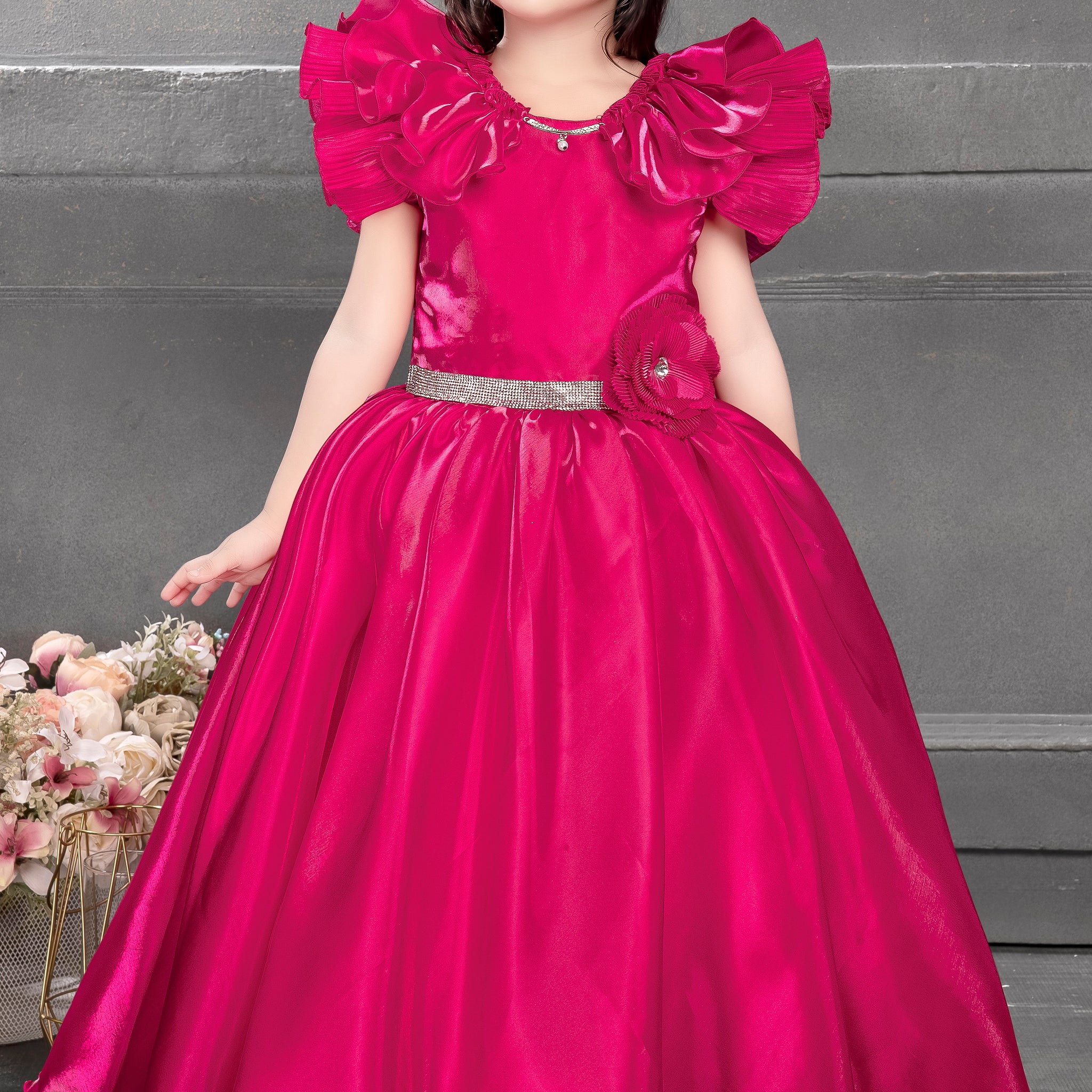 Luxury Hot Pink Ball Gown for Girls – Satin Ruffle Sleeves with Flared Skirt & Embellished Waist – Princess Party Dress
