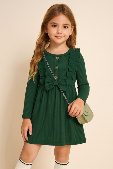 Stylish Green Ribbed Cotton Frock for Baby Girls – Long Sleeve Dress with Ruffles & Bow