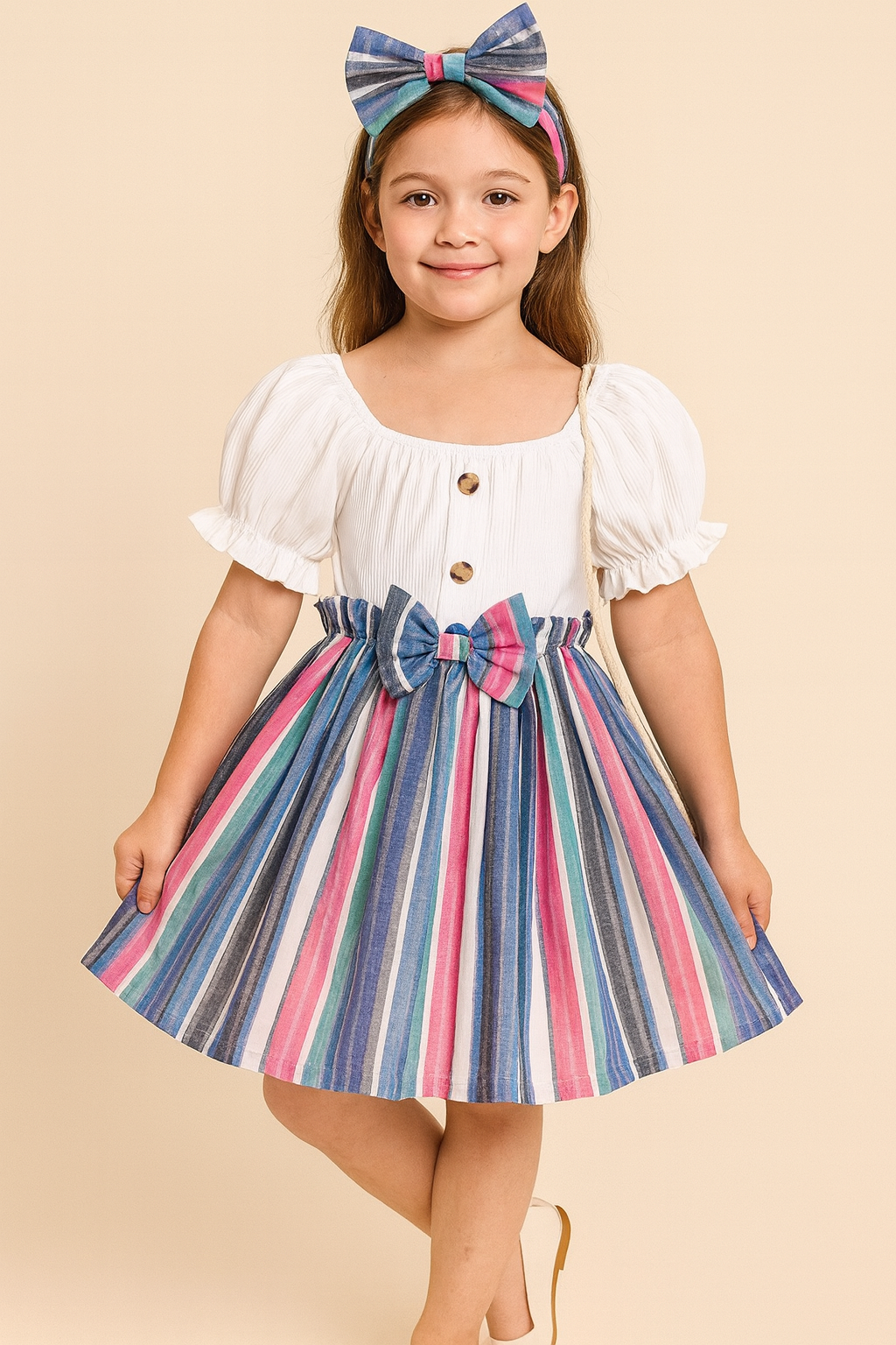 Colorful Striped Skirt Frock for Girls – Puff Sleeve White Top with Multicolor Bow