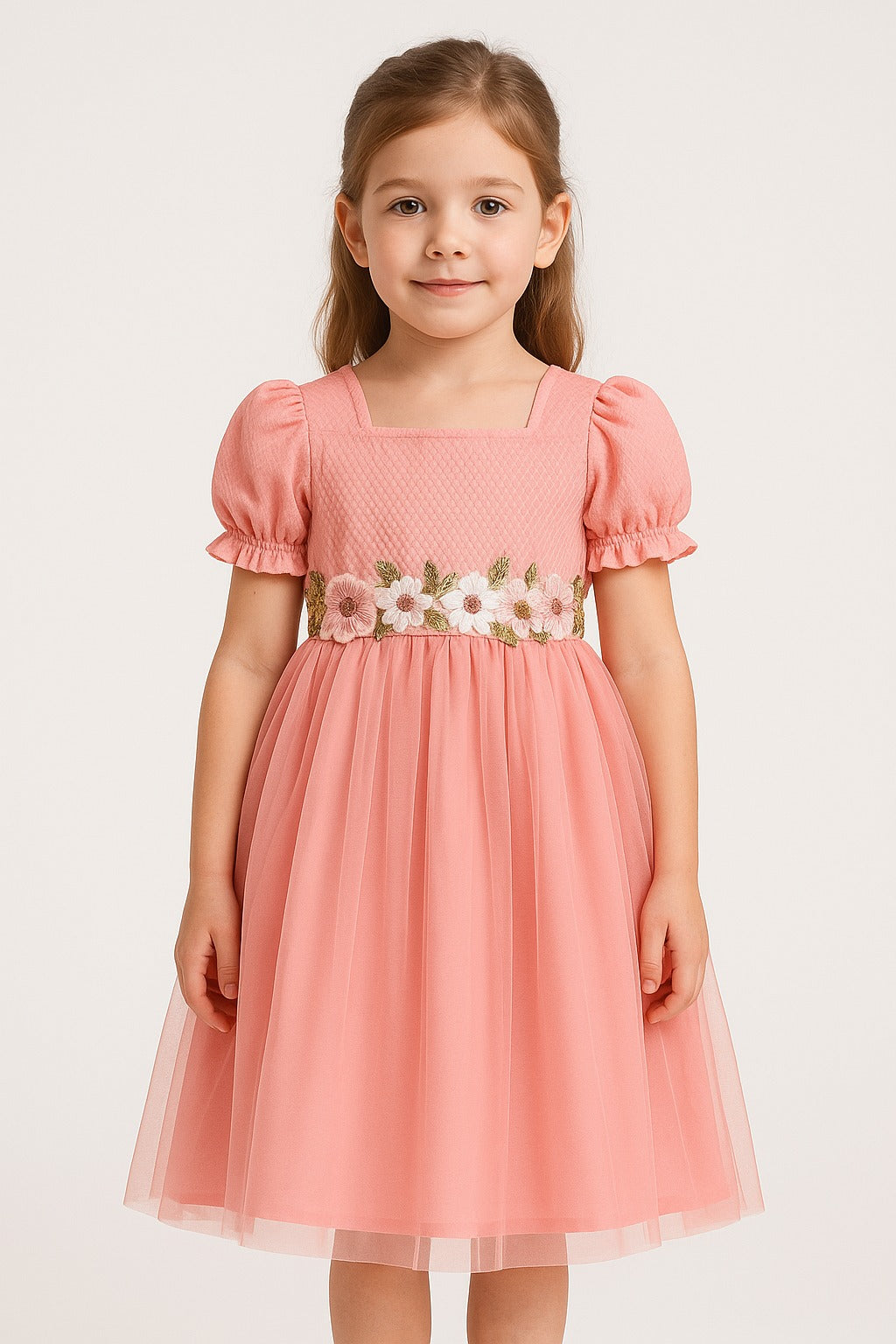 Elegant Pink Puff Sleeve Tulle Dress for Girls – Floral Embroidered Waist, Smocked Bodice Dress