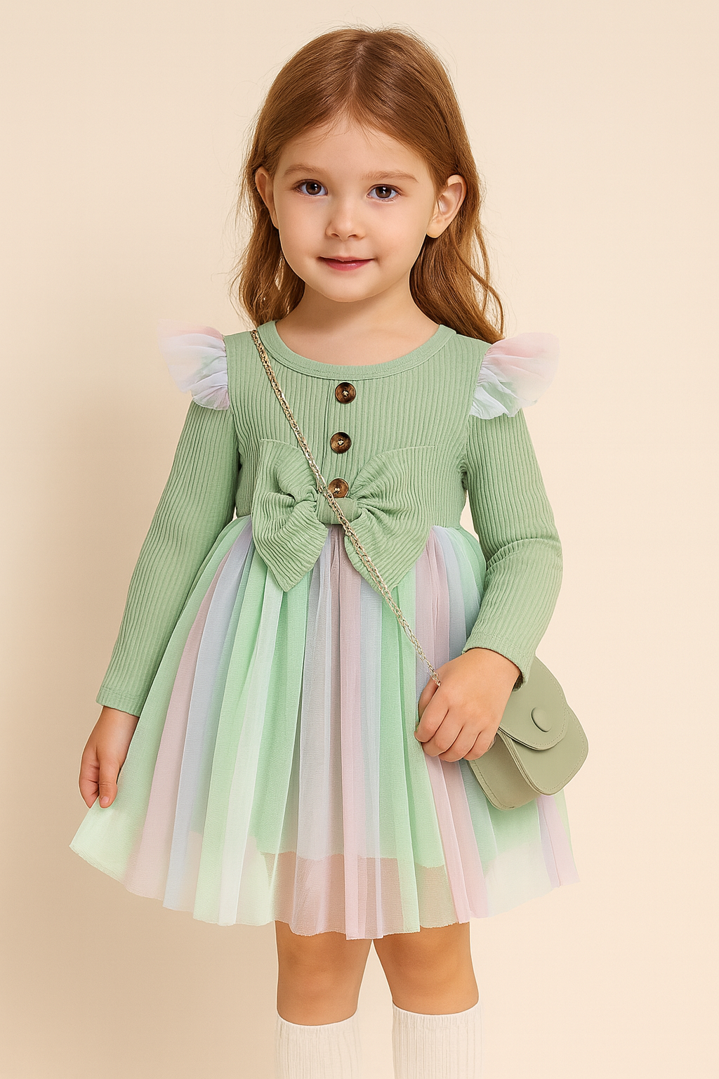 Pastel Mint Ribbed Knit Baby Girl Dress – Long Sleeve Bodice with Multicolor Tulle Dress