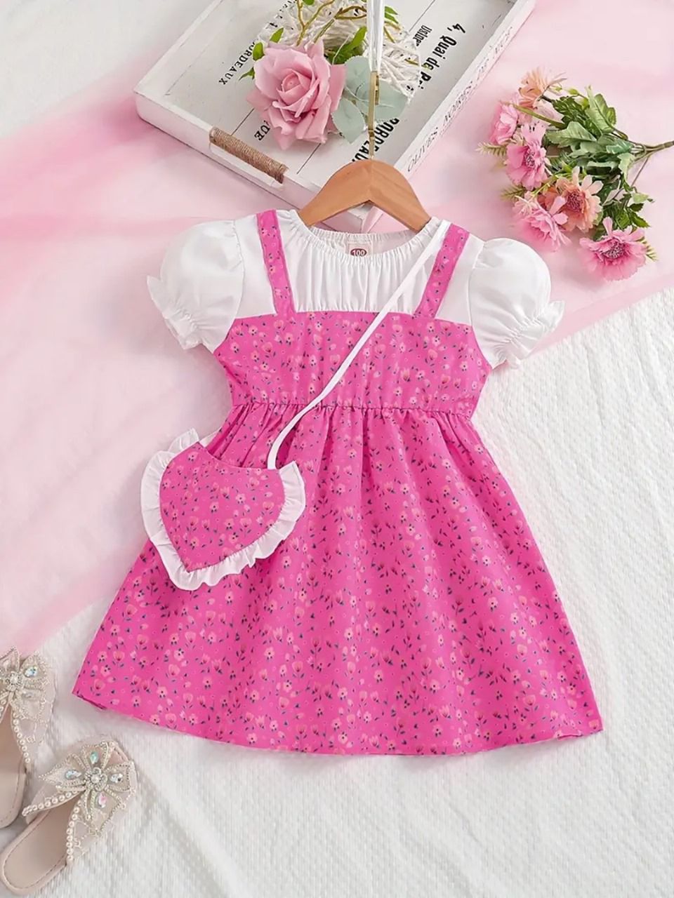 Girls Pink Floral Pinafore Dress with Puff Sleeves & Matching Heart Bag