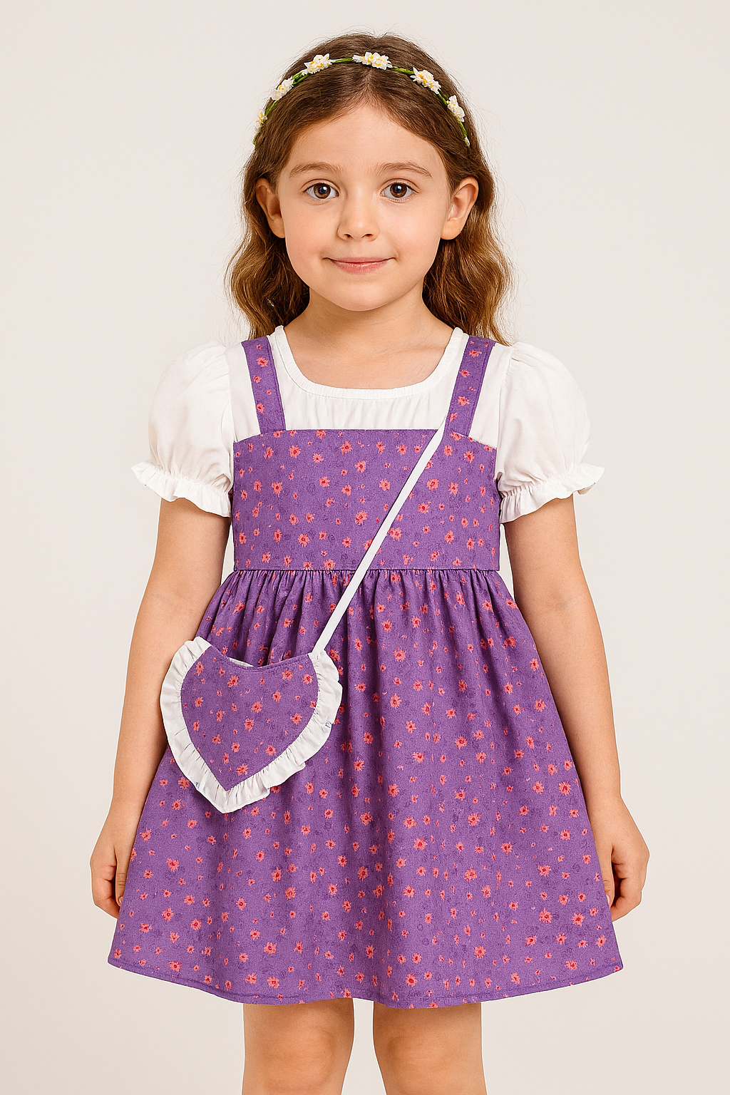 Adorable Purple Floral Print Baby Girl Dress Set – Puff Sleeve White Top with Strappy Frock