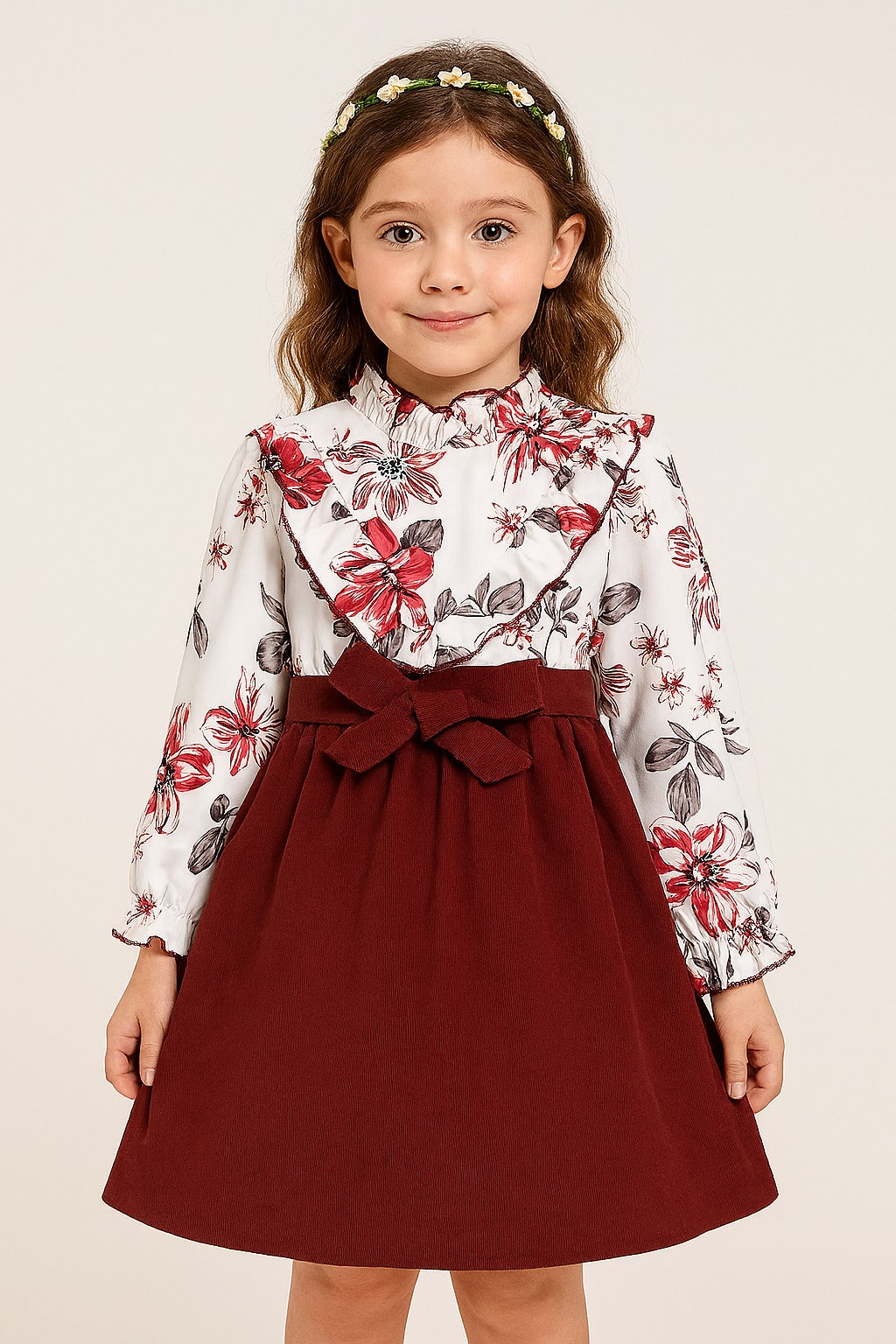 Elegant Maroon & Floral Long Sleeve Dress for Girls – Ruffle Neckline with Belted Waist Dess