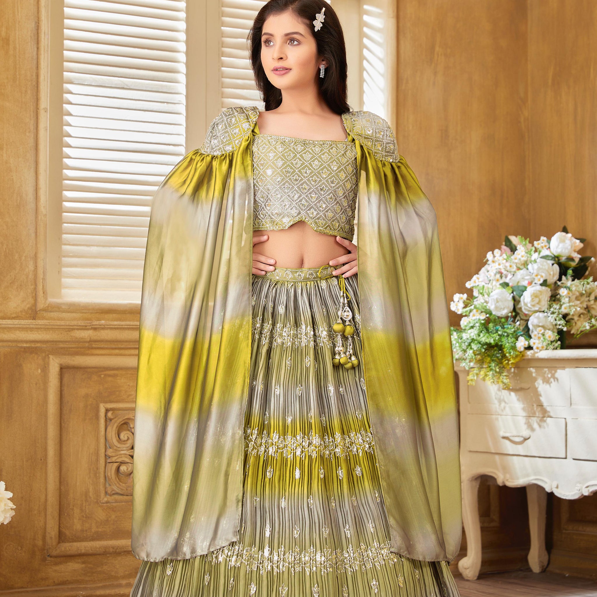 Olive Ombre Cape Lehenga Set
