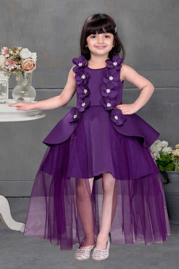 Royal Purple High-Low Gown for Girls | 3D Floral Embellished Sleeveless Party Dress with Peplum Waist & Net Trail